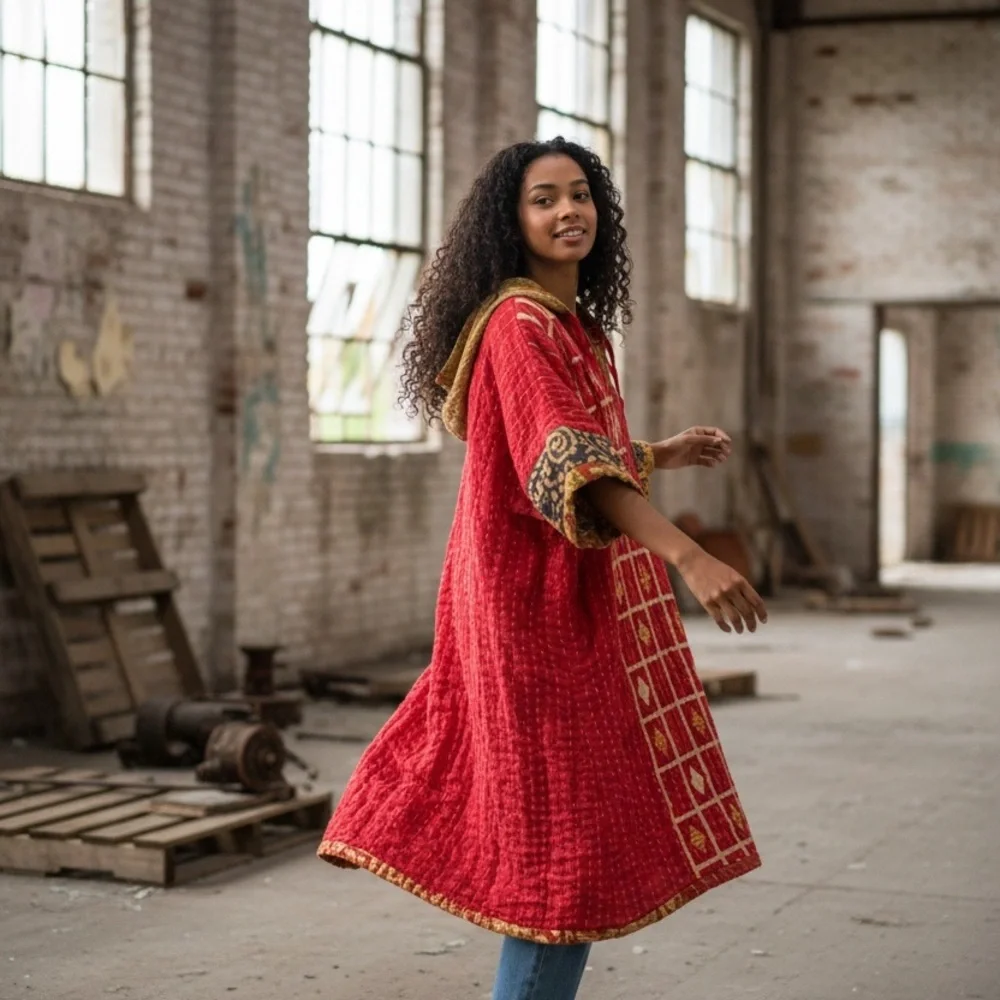 KANTHA Hooded Poncho ITEM 108 BOHO COMFY with pockets, handmade reversible OS - Picture 3 of 9